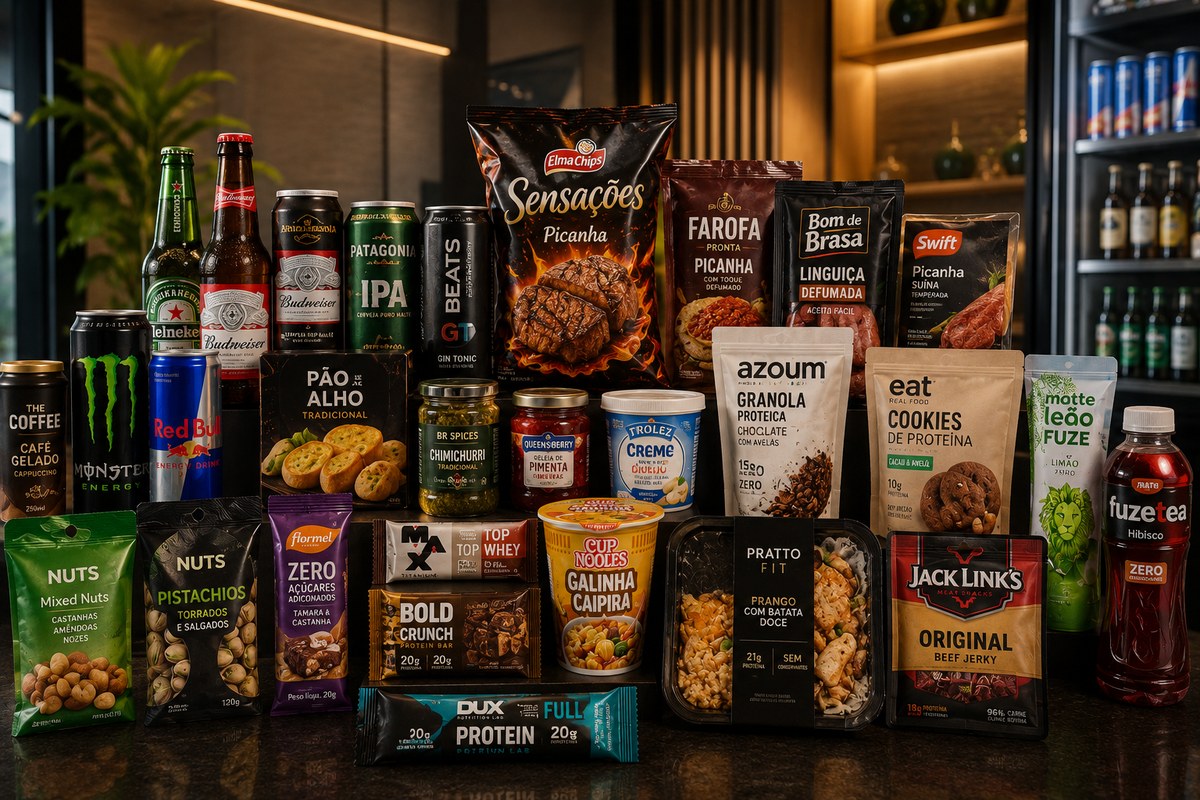 Mix de produtos selecionados do Rapidom, de bebidas a snacks premium